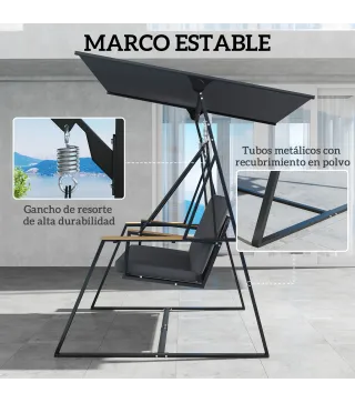 Columpio de Jardín Exterior de 3 Plazas con Techo Ajustable 2 Bandejas Cojines y Marco de Metal Carga 360 kg Gris