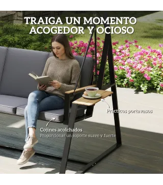 Columpio de Jardín Exterior de 3 Plazas con Techo Ajustable 2 Bandejas Cojines y Marco de Metal Carga 360 kg Gris