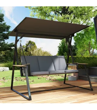 Columpio de Jardín Exterior de 3 Plazas con Techo Ajustable 2 Bandejas Cojines y Marco de Metal Carga 360 kg Gris