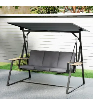 Columpio de Jardín Exterior de 3 Plazas con Techo Ajustable 2 Bandejas Cojines y Marco de Metal Carga 360 kg Gris