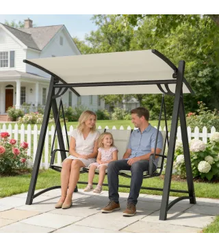 Columpio de Jardín de 3 Plazas con Techo Ajustable UPF50+ Asiento Transpirable Carga 360 kg 188x130x183 cm Crema