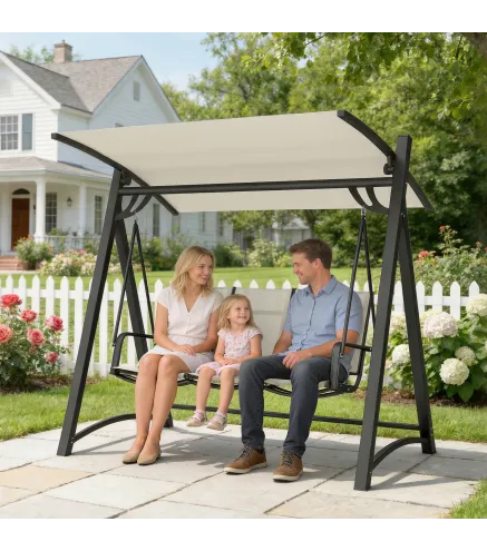 Columpio de Jardín de 3 Plazas con Techo Ajustable UPF50+ Asiento Transpirable Carga 360 kg 188x130x183 cm Crema