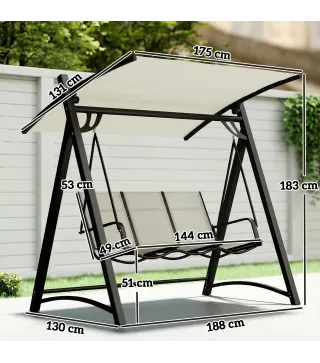 Columpio de Jardín de 3 Plazas con Techo Ajustable UPF50+ Asiento Transpirable Carga 360 kg 188x130x183 cm Crema