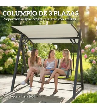Columpio de Jardín de 3 Plazas con Techo Ajustable UPF50+ Asiento Transpirable Carga 360 kg 188x130x183 cm Crema