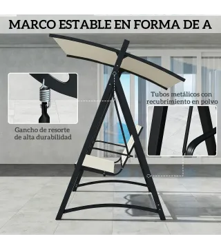 Columpio de Jardín de 3 Plazas con Techo Ajustable UPF50+ Asiento Transpirable Carga 360 kg 188x130x183 cm Crema