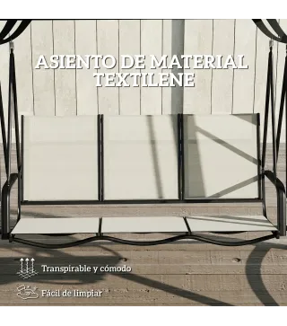 Columpio de Jardín de 3 Plazas con Techo Ajustable UPF50+ Asiento Transpirable Carga 360 kg 188x130x183 cm Crema