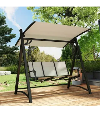 Columpio de Jardín de 3 Plazas con Techo Ajustable UPF50+ Asiento Transpirable Carga 360 kg 188x130x183 cm Crema