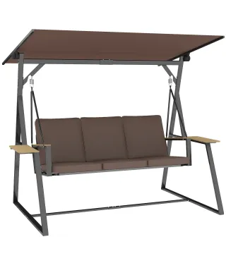 Columpio de Jardín Exterior de 3 Plazas con Techo Ajustable 2 Bandejas Cojines y Marco de Metal Carga 360 kg Marrón