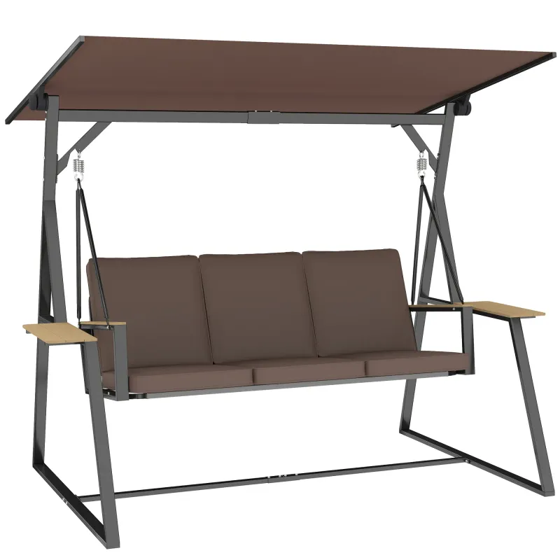Columpio de Jardín Exterior de 3 Plazas con Techo Ajustable 2 Bandejas Cojines y Marco de Metal Carga 360 kg Marrón