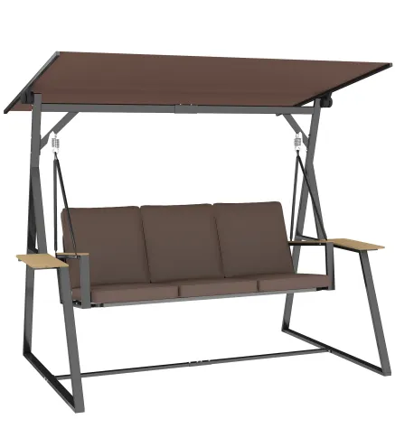 Columpio de Jardín Exterior de 3 Plazas con Techo Ajustable 2 Bandejas Cojines y Marco de Metal Carga 360 kg Marrón