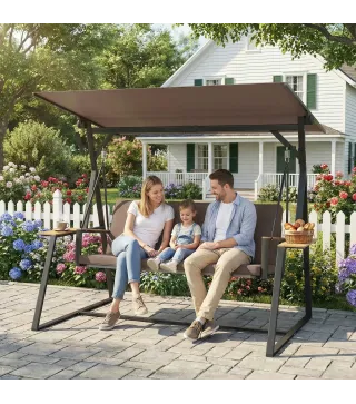 Columpio de Jardín Exterior de 3 Plazas con Techo Ajustable 2 Bandejas Cojines y Marco de Metal Carga 360 kg Marrón