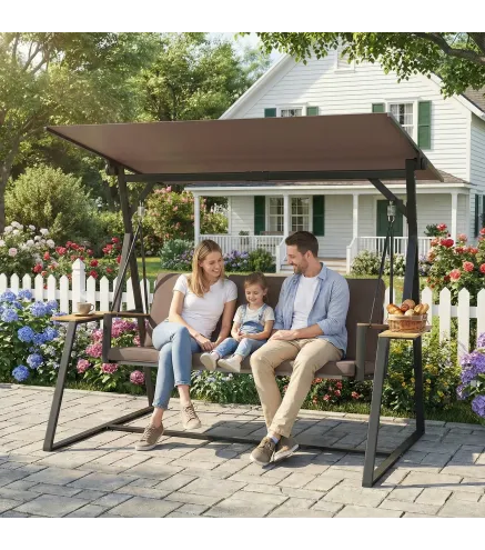 Columpio de Jardín Exterior de 3 Plazas con Techo Ajustable 2 Bandejas Cojines y Marco de Metal Carga 360 kg Marrón