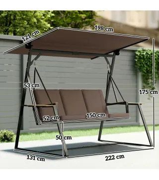 Columpio de Jardín Exterior de 3 Plazas con Techo Ajustable 2 Bandejas Cojines y Marco de Metal Carga 360 kg Marrón