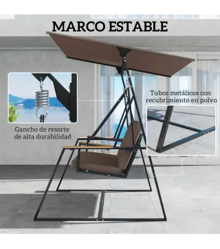Columpio de Jardín Exterior de 3 Plazas con Techo Ajustable 2 Bandejas Cojines y Marco de Metal Carga 360 kg Marrón