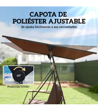 Columpio de Jardín Exterior de 3 Plazas con Techo Ajustable 2 Bandejas Cojines y Marco de Metal Carga 360 kg Marrón