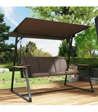 Columpio de Jardín Exterior de 3 Plazas con Techo Ajustable 2 Bandejas Cojines y Marco de Metal Carga 360 kg Marrón