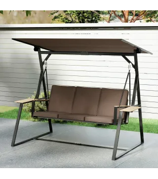 Columpio de Jardín Exterior de 3 Plazas con Techo Ajustable 2 Bandejas Cojines y Marco de Metal Carga 360 kg Marrón