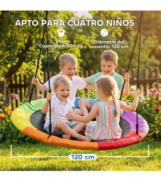 Columpio Nido Infantil Ø120 cm Altura Ajustable Columpio Redondo para Niños para Árbol Carga 300 kg Multicolor