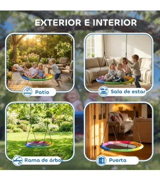 Columpio Nido Infantil Ø120 cm Altura Ajustable Columpio Redondo para Niños para Árbol Carga 300 kg Multicolor