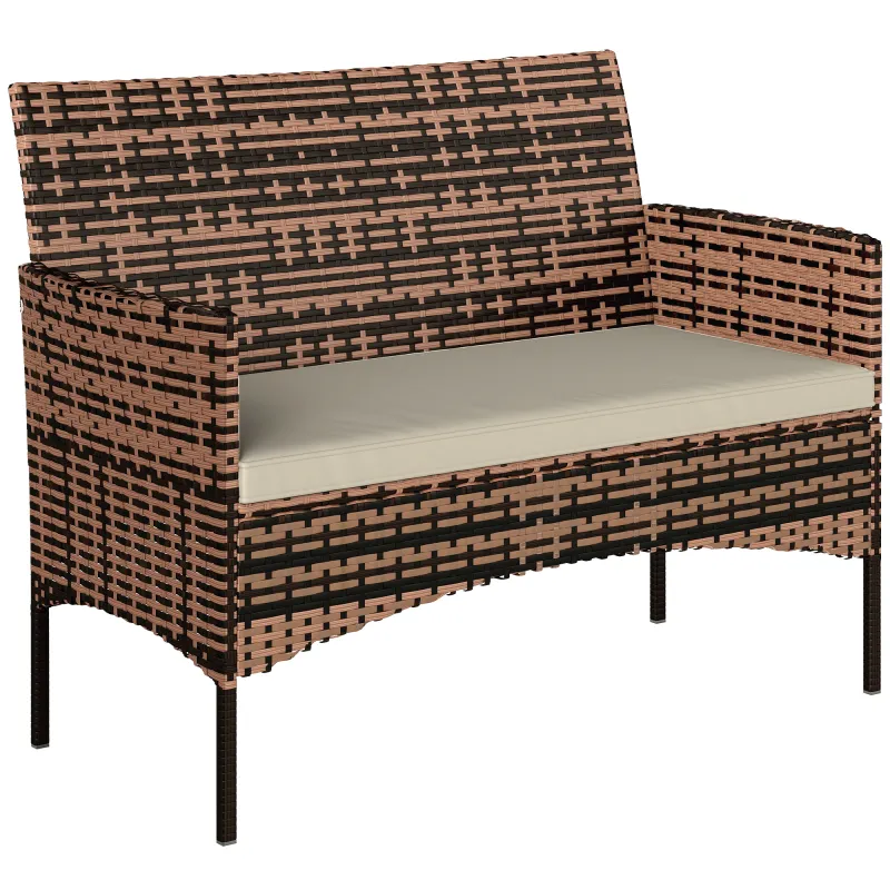 Sofá Exterior de Ratán de 2 Plazas Sofá Exterior de Jardín con Cojín Lavable Estructura de Acero para Balcón Caqui