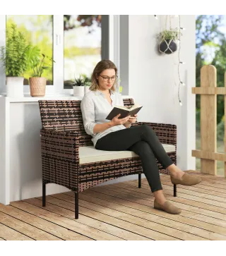 Sofá Exterior de Ratán de 2 Plazas Sofá Exterior de Jardín con Cojín Lavable Estructura de Acero para Balcón Caqui