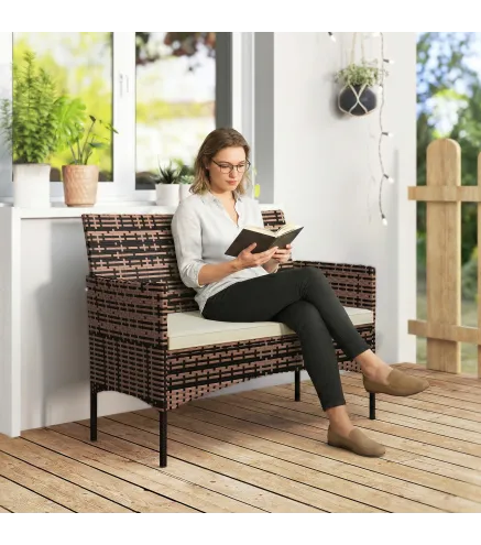 Sofá Exterior de Ratán de 2 Plazas Sofá Exterior de Jardín con Cojín Lavable Estructura de Acero para Balcón Caqui