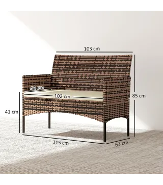 Sofá Exterior de Ratán de 2 Plazas Sofá Exterior de Jardín con Cojín Lavable Estructura de Acero para Balcón Caqui