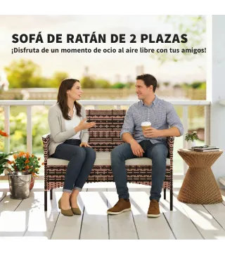 Sofá Exterior de Ratán de 2 Plazas Sofá Exterior de Jardín con Cojín Lavable Estructura de Acero para Balcón Caqui