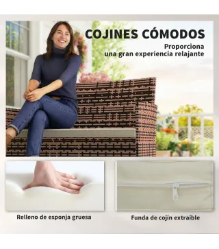 Sofá Exterior de Ratán de 2 Plazas Sofá Exterior de Jardín con Cojín Lavable Estructura de Acero para Balcón Caqui