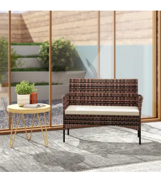 Sofá Exterior de Ratán de 2 Plazas Sofá Exterior de Jardín con Cojín Lavable Estructura de Acero para Balcón Caqui