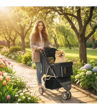 Carrito para Perros Pequeños con Cesta de Almacenaje Ventanas de Malla y Cinturón de Seguridad 77x44x102 cm Negro