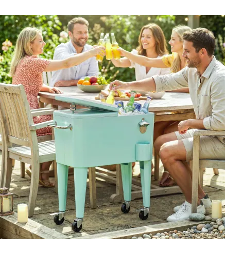 Carro de Bebidas Refrigerado 56L con Ruedas Abrebotellas Recogetapas y Asa para Patio Fiesta 75x35x78 cm Verde Claro