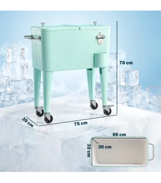 Carro de Bebidas Refrigerado 56L con Ruedas Abrebotellas Recogetapas y Asa para Patio Fiesta 75x35x78 cm Verde Claro