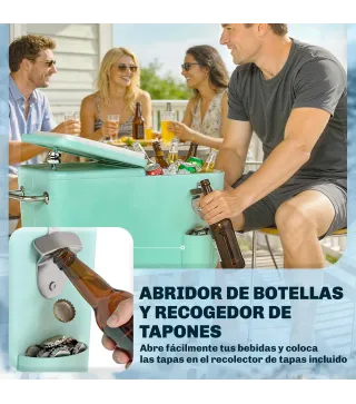 Carro de Bebidas Refrigerado 56L con Ruedas Abrebotellas Recogetapas y Asa para Patio Fiesta 75x35x78 cm Verde Claro