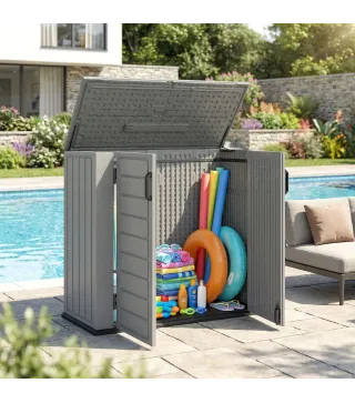 Cobertizo de Jardín de HDPE 940L con Tapa Abatible 2 Puertas Cerradura Cobertizo de Jardín 142x67x119 cm Gris Claro