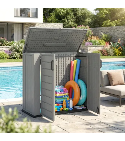 Cobertizo de Jardín de HDPE 940L con Tapa Abatible 2 Puertas Cerradura Cobertizo de Jardín 142x67x119 cm Gris Claro