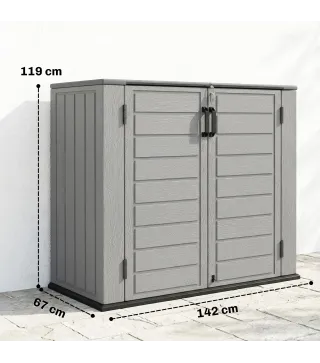 Cobertizo de Jardín de HDPE 940L con Tapa Abatible 2 Puertas Cerradura Cobertizo de Jardín 142x67x119 cm Gris Claro