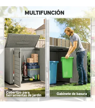 Cobertizo de Jardín de HDPE 940L con Tapa Abatible 2 Puertas Cerradura Cobertizo de Jardín 142x67x119 cm Gris Claro