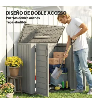 Cobertizo de Jardín de HDPE 940L con Tapa Abatible 2 Puertas Cerradura Cobertizo de Jardín 142x67x119 cm Gris Claro