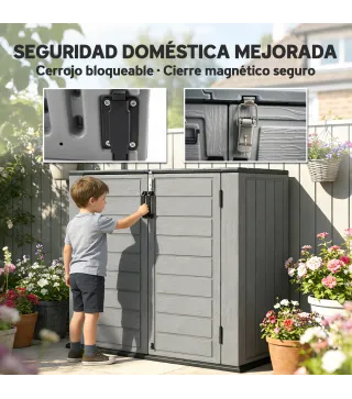 Cobertizo de Jardín de HDPE 940L con Tapa Abatible 2 Puertas Cerradura Cobertizo de Jardín 142x67x119 cm Gris Claro