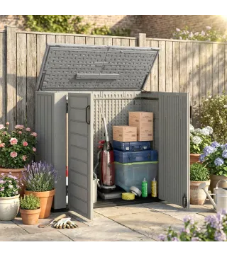 Cobertizo de Jardín de HDPE 940L con Tapa Abatible 2 Puertas Cerradura Cobertizo de Jardín 142x67x119 cm Gris Claro