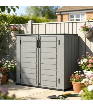 Cobertizo de Jardín de HDPE 940L con Tapa Abatible 2 Puertas Cerradura Cobertizo de Jardín 142x67x119 cm Gris Claro