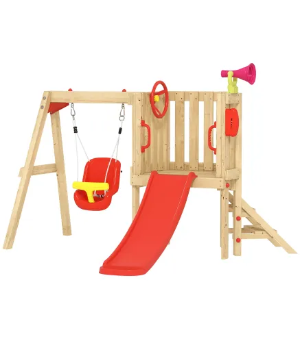 Parque Infantil Exterior de Madera con Columpio Tobogán Volante Bocina Teléfono para Patio Césped Rojo y Natural