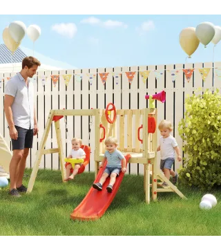 Parque Infantil Exterior de Madera con Columpio Tobogán Volante Bocina Teléfono para Patio Césped Rojo y Natural