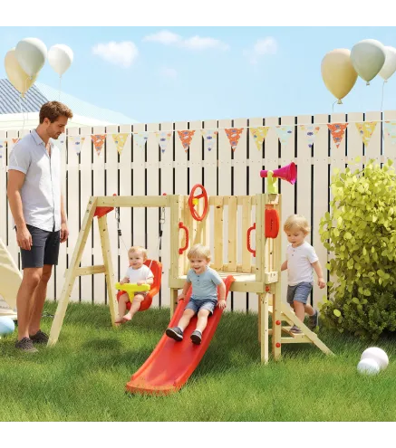 Parque Infantil Exterior de Madera con Columpio Tobogán Volante Bocina Teléfono para Patio Césped Rojo y Natural