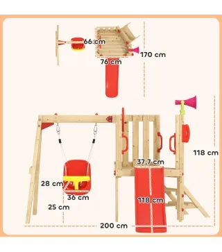 Parque Infantil Exterior de Madera con Columpio Tobogán Volante Bocina Teléfono para Patio Césped Rojo y Natural