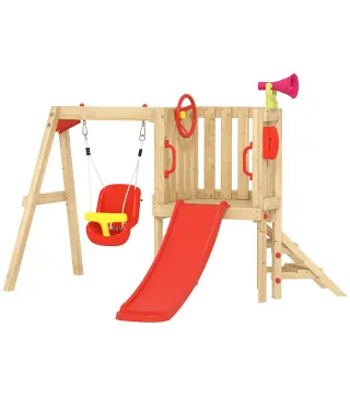 Parque Infantil Exterior de Madera con Columpio Tobogán Volante Bocina Teléfono para Patio Césped Rojo y Natural