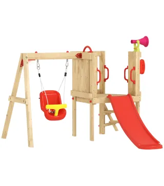 Parque Infantil Exterior de Madera con Columpio Tobogán Volante Bocina Teléfono para Patio Césped Rojo y Natural