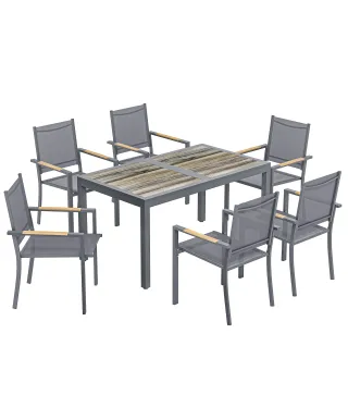 Conjunto de Mesa y Sillas Jardín con Mesa de Plástico PSPC y 6 Sillas Apilables Transpirables para Terraza Patio Gris
