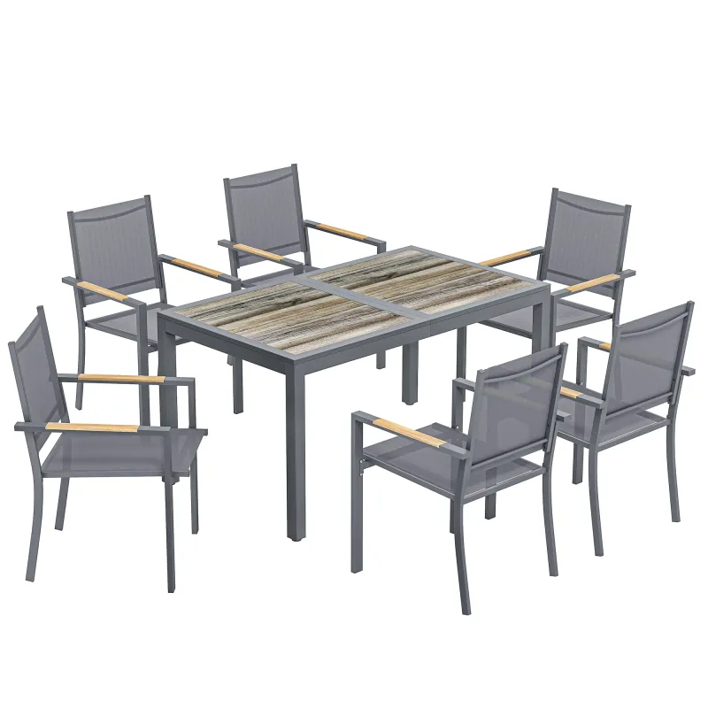 Conjunto de Mesa y Sillas Jardín con Mesa de Plástico PSPC y 6 Sillas Apilables Transpirables para Terraza Patio Gris
